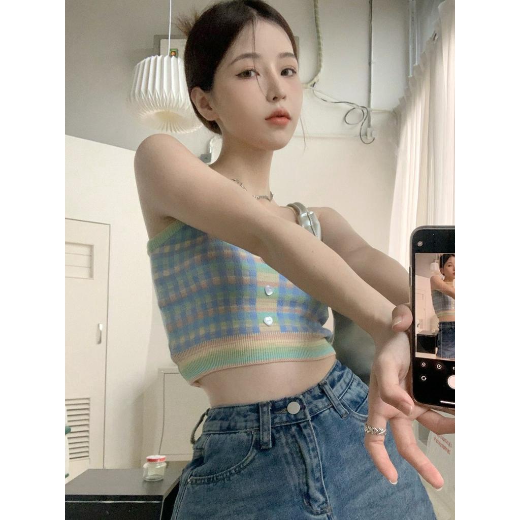 Áo Hai Dây Dệt Kim Ngắn Họa Tiết Sọc Caro Màu Sắc Thời Trang Mùa Hè 52842
