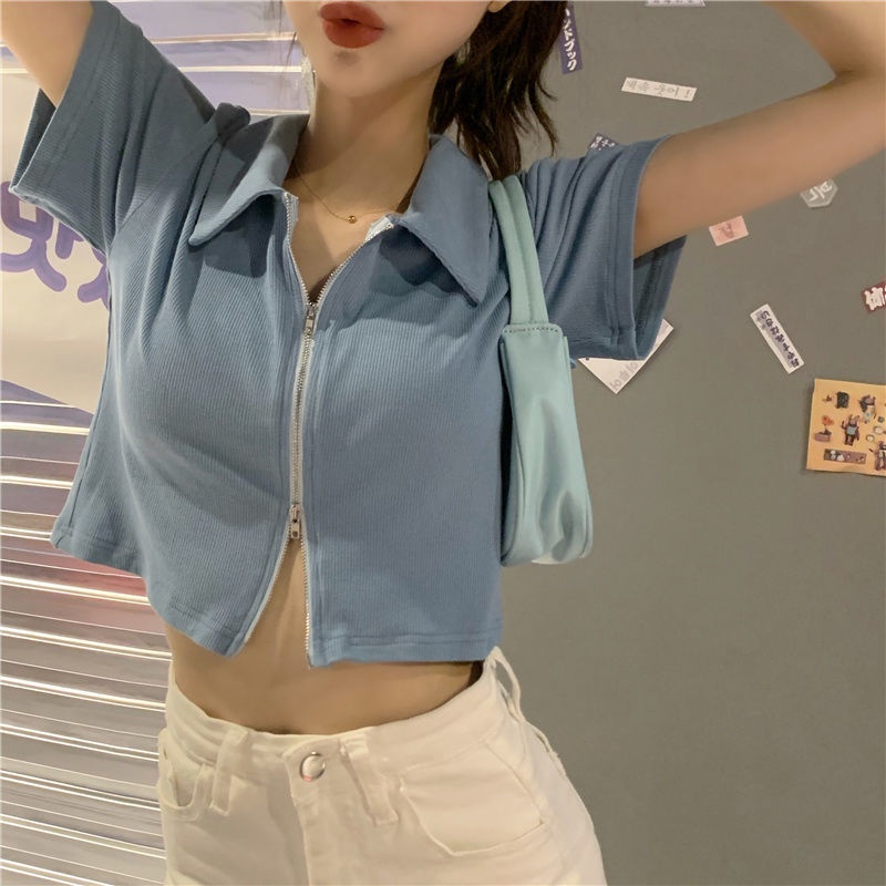 Áo Thun COZOK Croptop Ngắn Tay Dáng Ôm Phối Khóa Kéo Cá Tính Cho Nữ