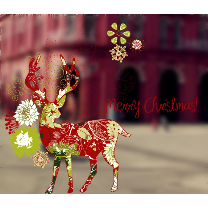 Decal dán kính cao cấp / Tuần lộc săc màu Merry Christmas