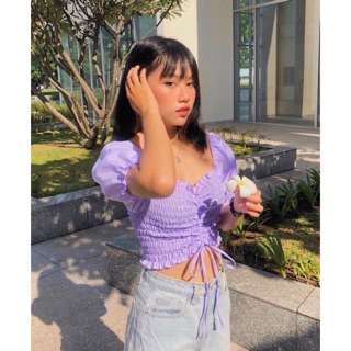 Áo nhún bèo dây rút giữa tay ngắn phồng croptop