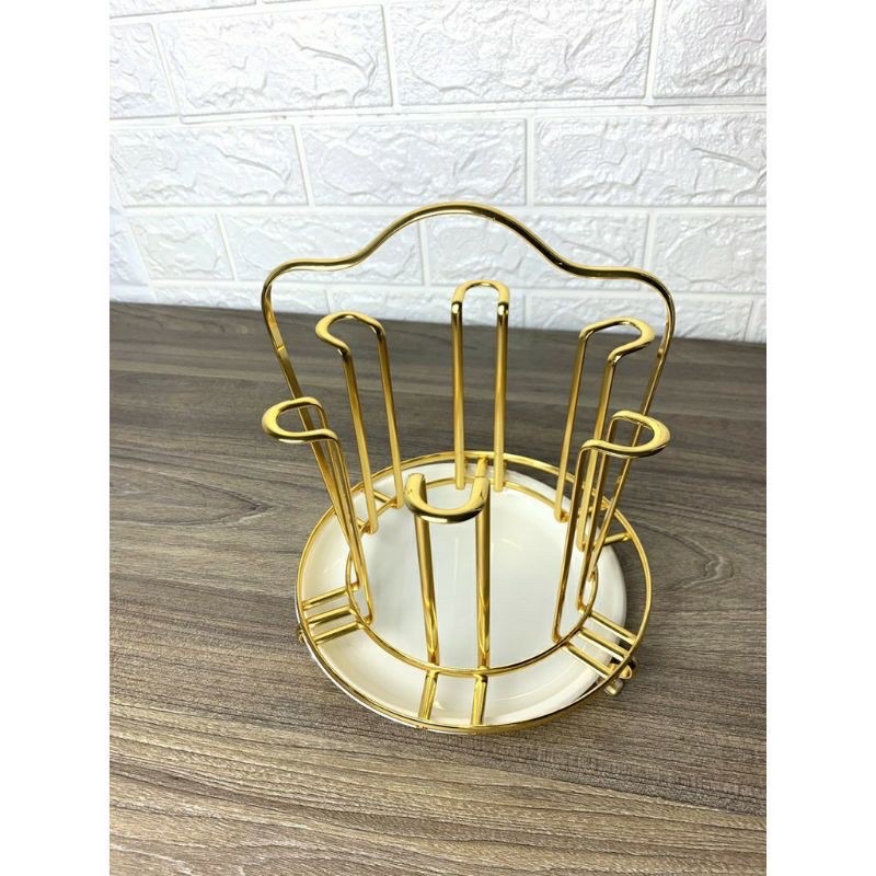 Khay Úp Cốc - Giá Úp Cốc Mạ Vàng TRÒN Có Khay Hứng Nước Sang Trọng