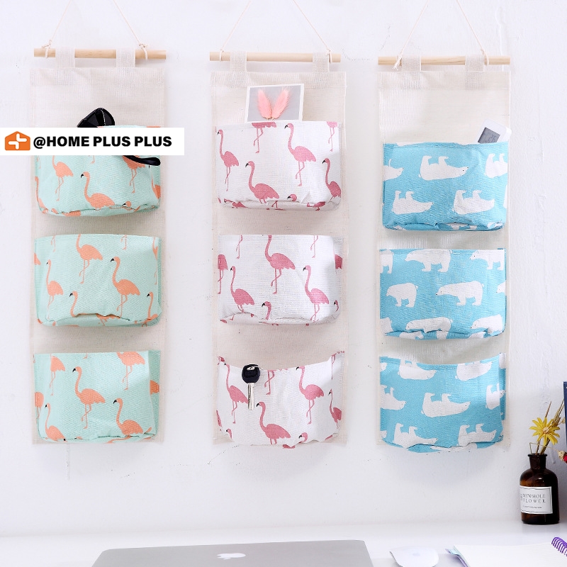Túi vải cotton lanh với 3 túi nhỏ đựng đồ treo tường/ cửa/ tủ quần áo