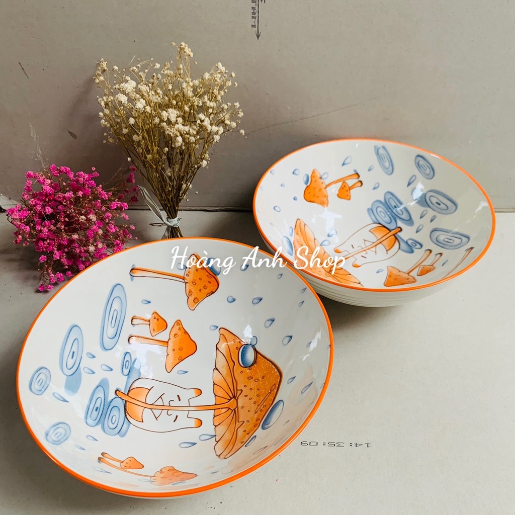 Tô Sứ Loe Đường Kính 20Cm Họa Tiết Nấm Dễ Thương Có Vân Ngoài - Đồ Sứ Decor Xinh Xắn
