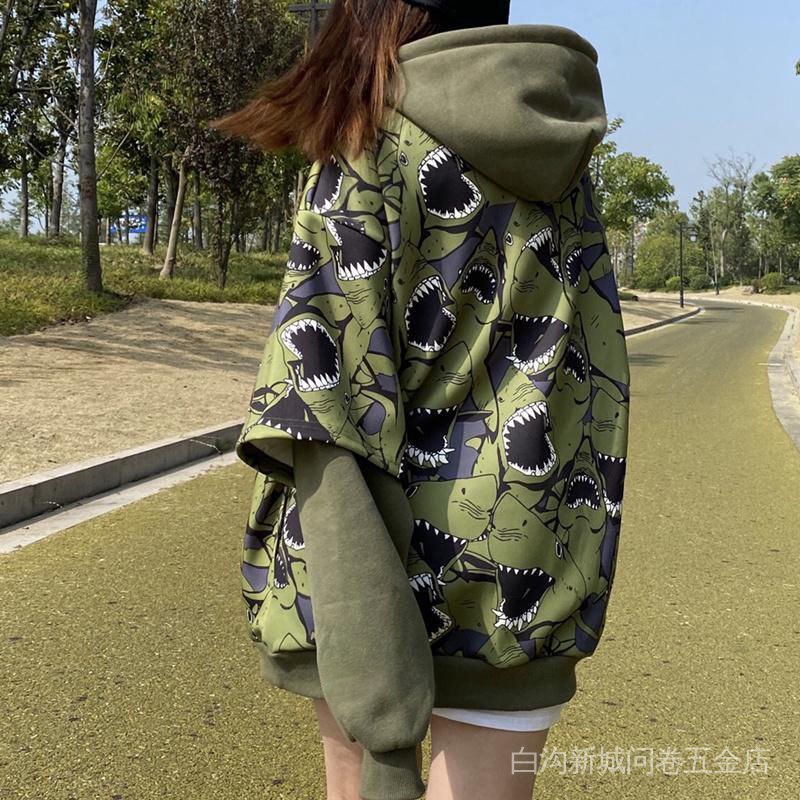Áo Hoodie Giả Hai Lớp Dáng Rộng In Hình Cá Mập Phong Cách Hip Hop Dành Cho Cặp Đôi