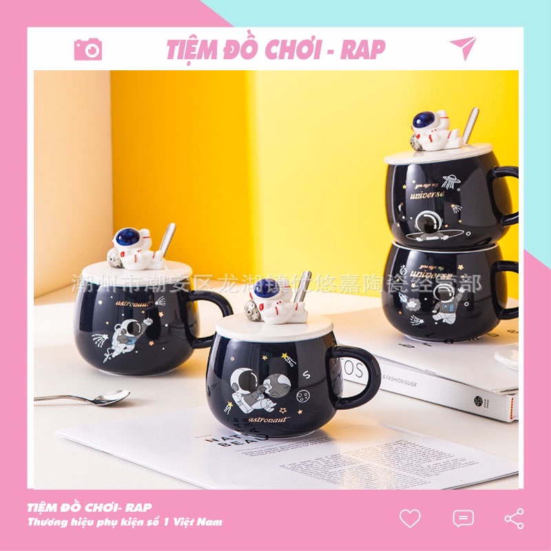 Ly cốc sứ có nắp 3D phi hành gia kèm thìa dễ thương cute 450ml dùng để uống nước pha trà pha cà phê trang trí quà tặng