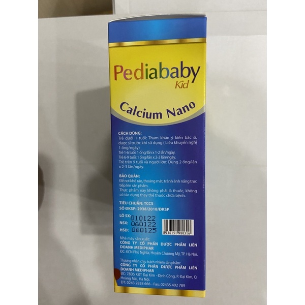 Siro bổ sung canxi Pediababy kid gold Calcium Nano (hộp 20 ống)