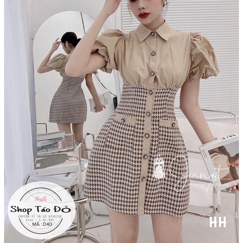 [Shop bigsize nữ 50kg-90kg] Đầm sơ mi phối caro dáng chữ A