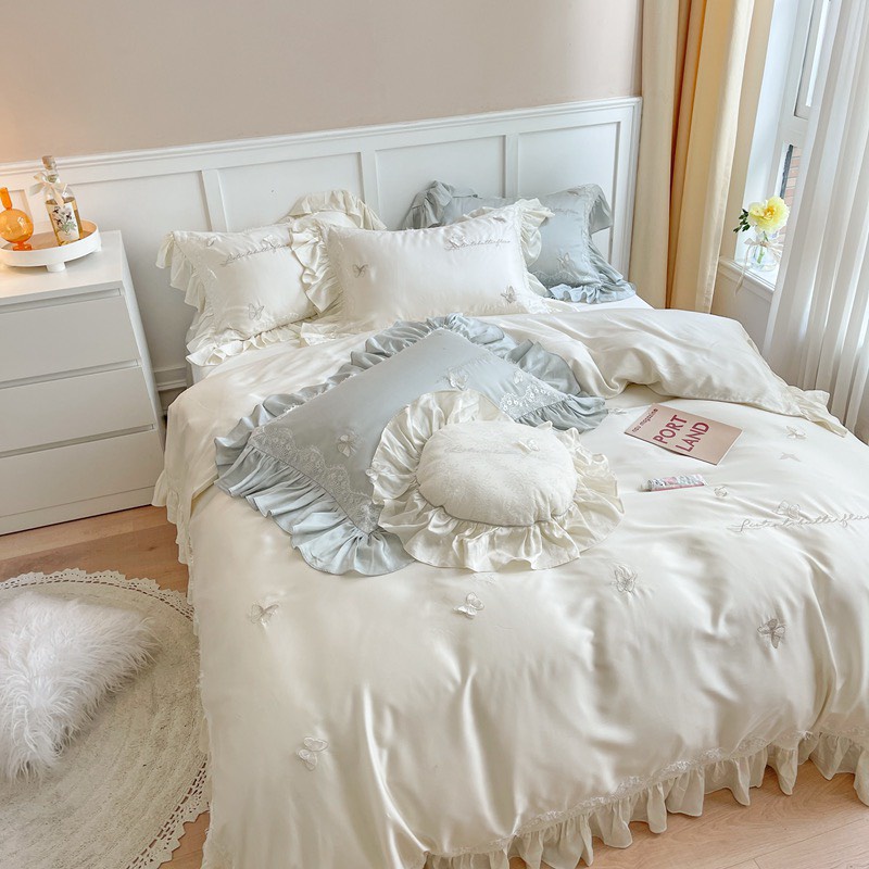 Set chăn ga gối Tencel Thiết kế Phối Viền Bánh Bèo cực Sang Chảnh, Tiểu Thư - Trắng