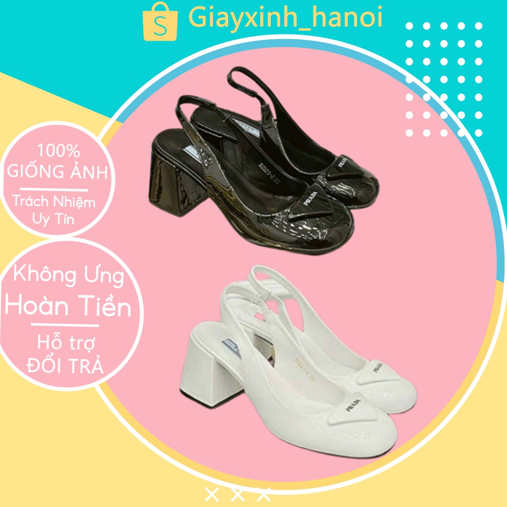 Giày cao gót bít mũi nữ Prada mũi tròn phối quai sau, Guốc quai hậu gót vuông đế cao 7p kiểu dáng sandal thời trang