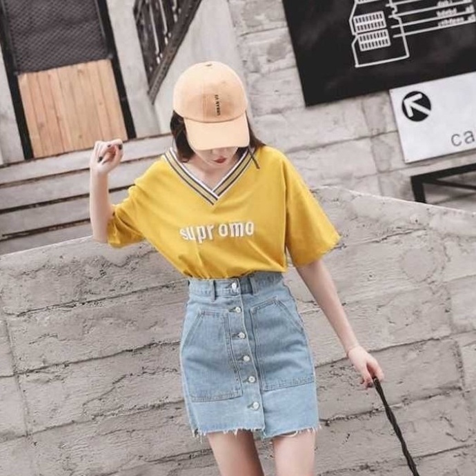 Áo Thun Ngắn Tay Cổ Chữ v Dáng Rộng Phong Cách Hàn Quốc Cho Nữ NZ-TX-218