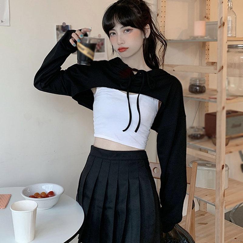 Áo Hoodie Lửng Dài Tay Phong Cách Hàn Quốc Năng Động Cho Nữ