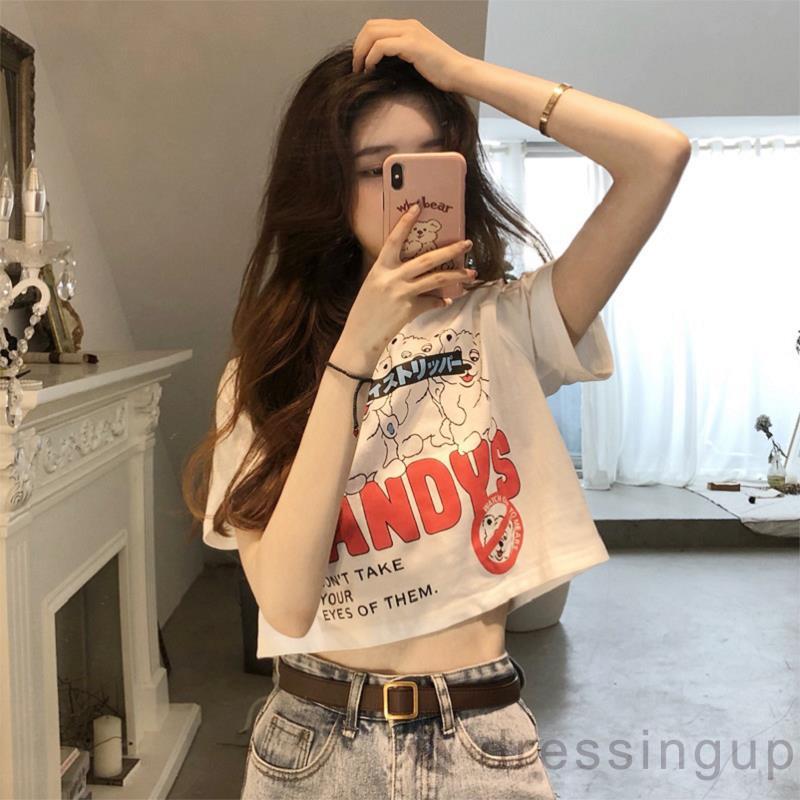 Áo crop top tay ngắn dáng rộng in họa tiết hoạt hình cho nữ