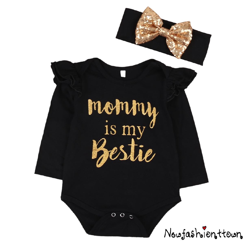 Set quần áo 2 món gồm áo liền quần dài tay cotton màu đen in chữ Mommy is My Bestie + băng đô cho bé gái