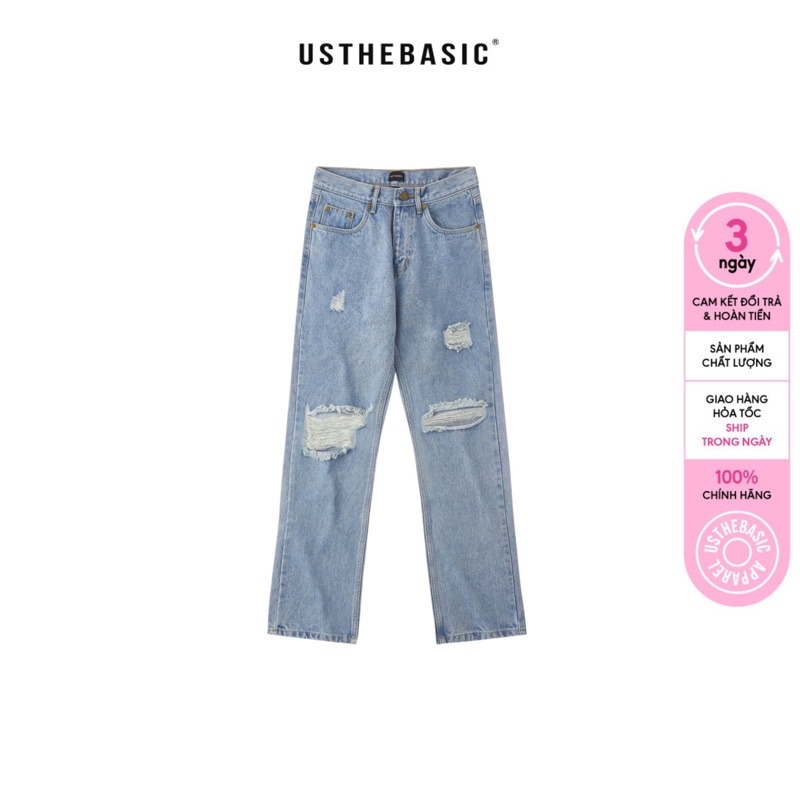 Usthebasic - Quần Jean Cạp Cao Rách Gối Destroyed High-waisted Straight Leg