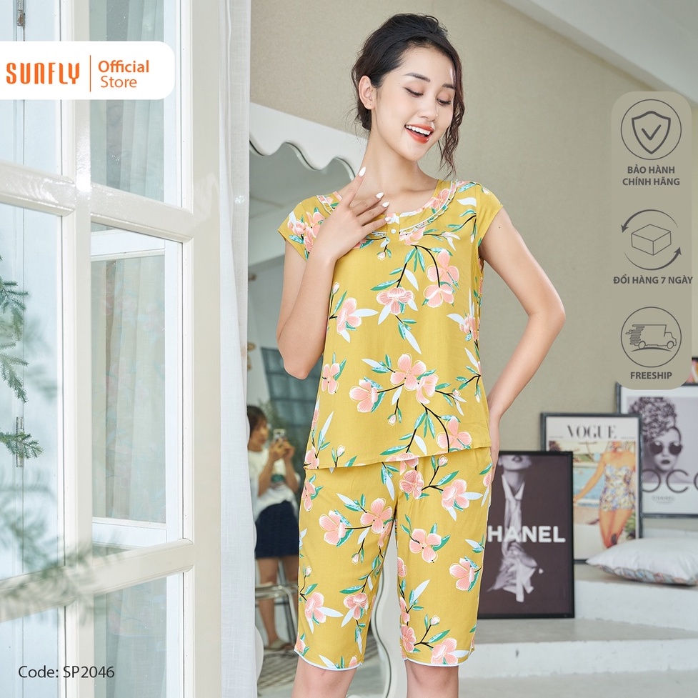 Bộ Đồ Mặc Nhà Nữ Lanh SUNFLY Áo Tay Hến, Quần Trên Gối SP2046