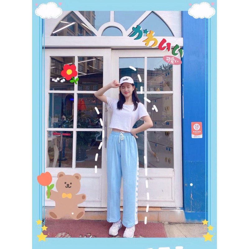 Quần nỉ ống rộng line cuốn sọc trắng bông hoa có nhiều màu