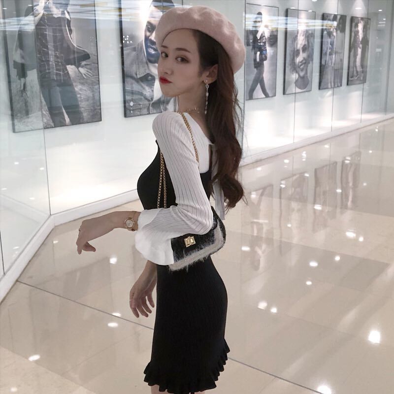 Women Ruffled Slim Skirt Color Matching Waist Long-sleeved Knitted Dress