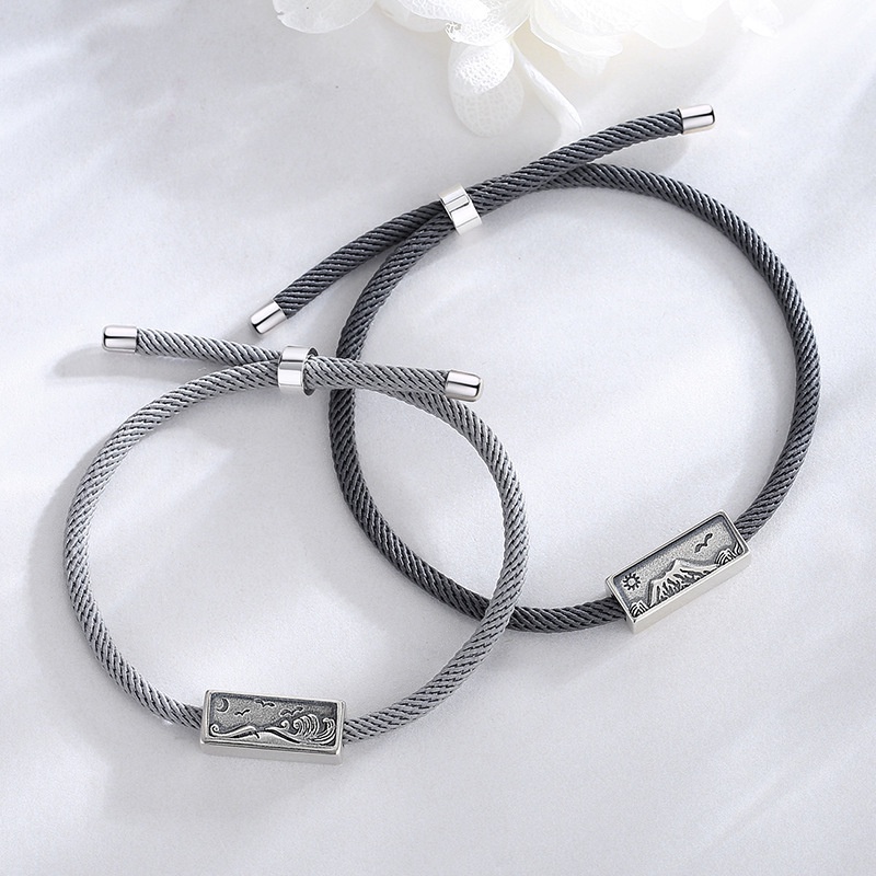 Cặp Vòng Đeo Tay Bằng Bạc Sterling Hình Ngọn Núi Nước Kiểu Retro Cá Tính Dễ Phối Đồ Cho Nam Và Nữ