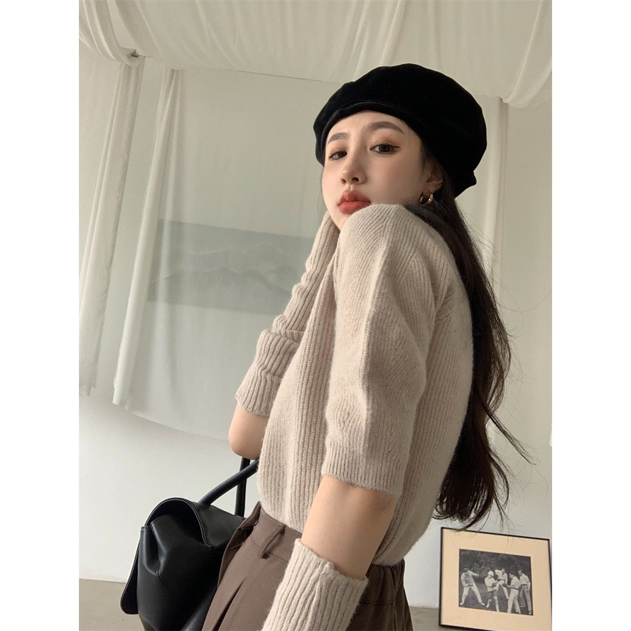 QKOOLE  Áo sweater dệt kim cổ tròn + găng đeo cánh tay kiểu Hàn Quốc thời trang cho nữ