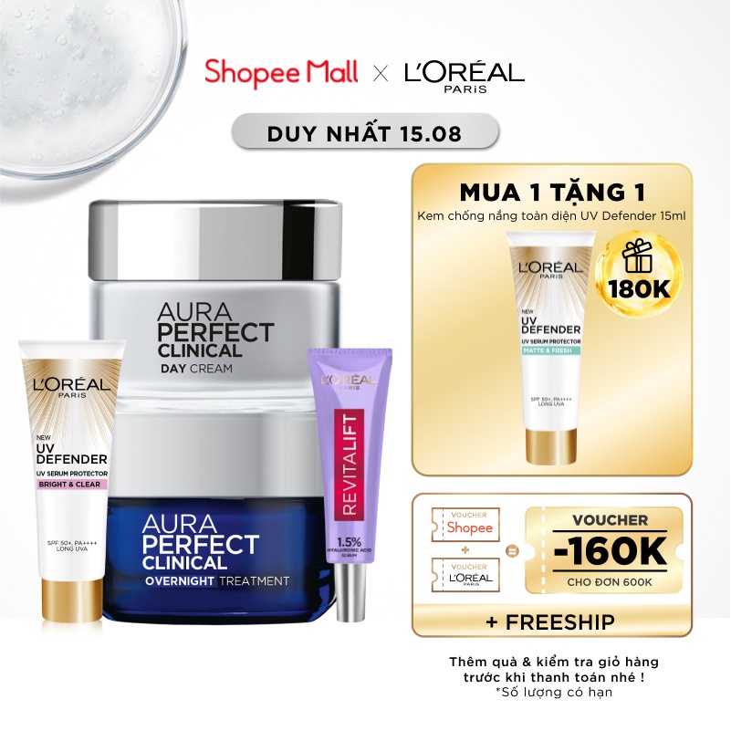 Bộ kem dưỡng trắng giảm thâm nám & serum siêu cấp ẩm & kem chống nắng L'Oreal Paris