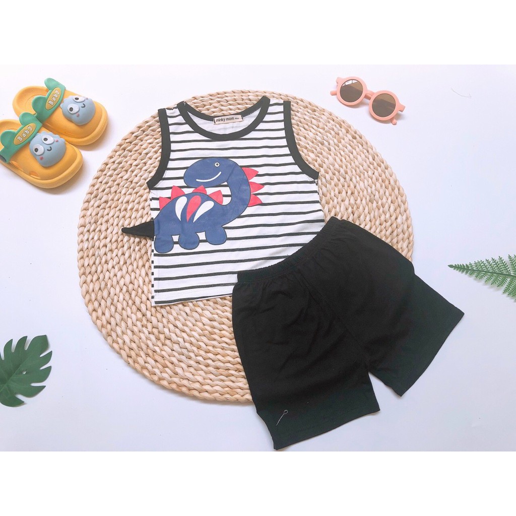 [HCM] Bộ Quần áo trẻ em, mẫu ba lỗ sọc khủng long, vải cotton thun lạnh chính phẩm Minky Mom