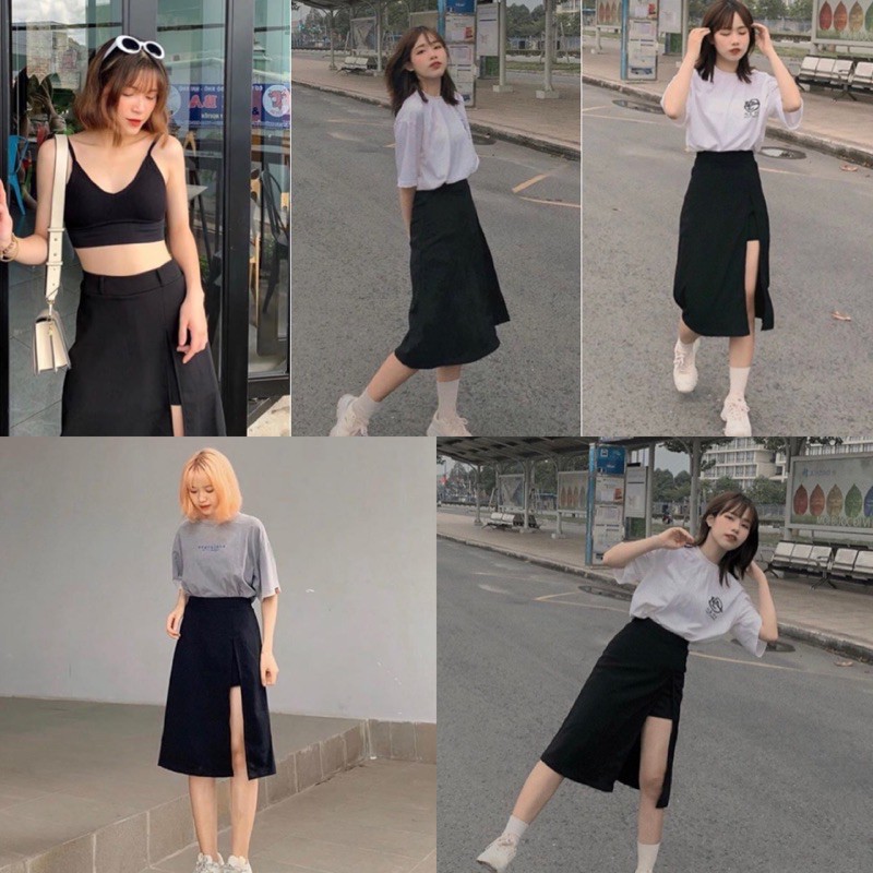 Chân Váy MINI SKIRT phiên bản all black - chân váy xẻ tà bên hông bo chun co giãn sau lưng chân váy