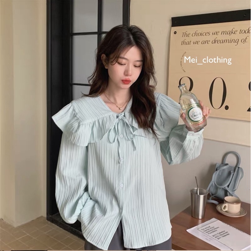 Áo sơmi gân Cổ Bèo To thắt nơ thiết kế tay bồng xinh xắn