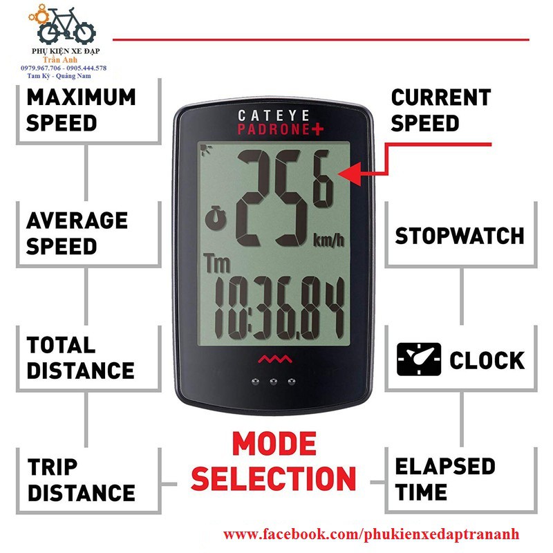 Đồng hồ đo tốc độ xe đạp không dây Cateye Padrone+ CC-PA110w plus