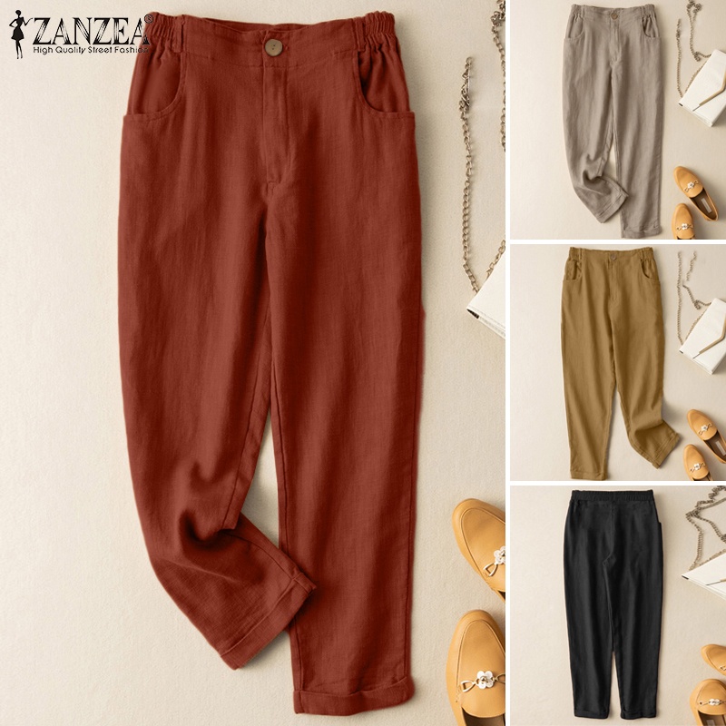 Quần dài ZANZEA lưng thun ống rộng màu trơn thời trang retro dành cho nữ
