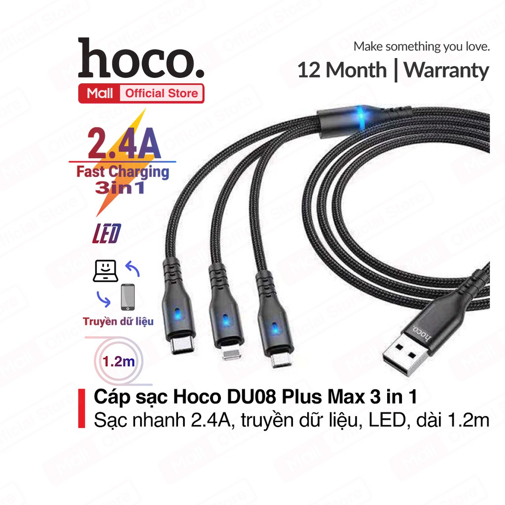 Cáp sạc 3 in 1 Hoco DU08 Plus sạc 2.4A, có đèn LED, USB dành cho Smartphone/Android/Ip10/11/12 dài 1.2m