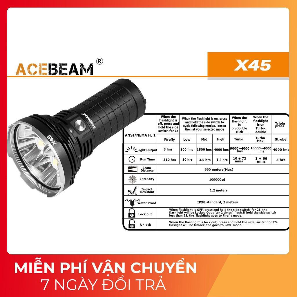 [BH 5 NĂM] Đèn pin ACEBEAM X45 18000 lumen xa 660m sử dụng 4 pin sạc 18650 3100mAh kèm theo