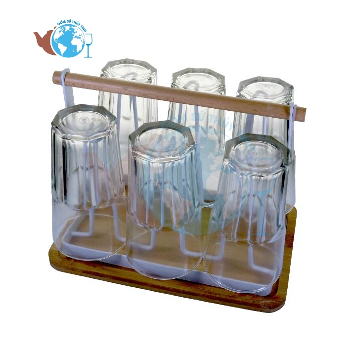 Bộ khay gỗ, kệ sắt giá treo và kèm 6 ly thủy tinh