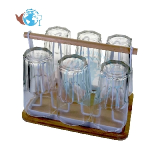 Bộ khay gỗ, kệ sắt giá treo và kèm 6 ly thủy tinh