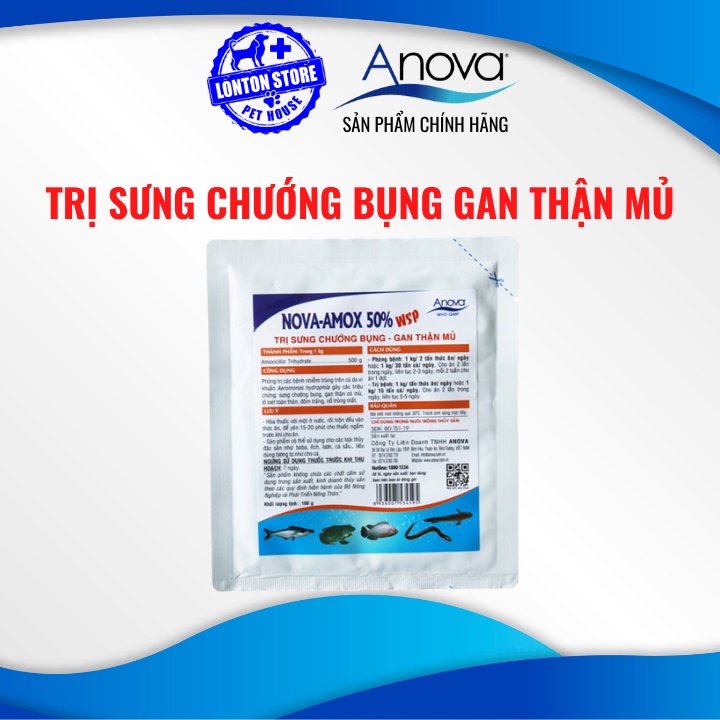 ANOVA Nova Amox 50 WSP -  sản phẩm hổ trợ sức khỏe cho cá lươn ốc ếch ( TRƯỚNG BỤNG - GAN THẬN MỦ) , 100gr- Lonton store