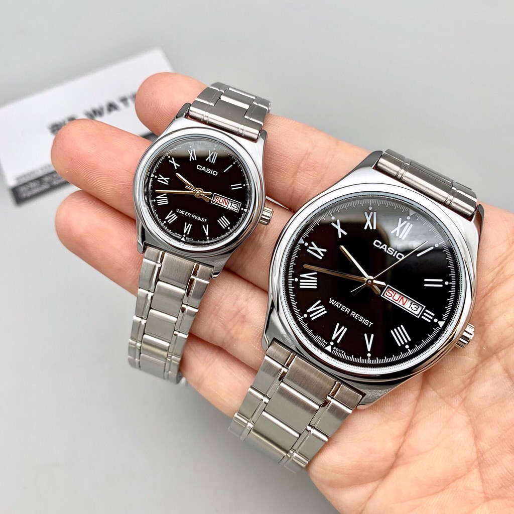 Đồng hồ đôi nam nữ dây kim loại Casio Anh Khuê MTP/LTP V006D-1B