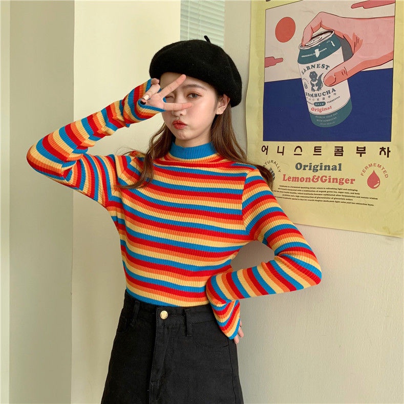 Áo Sweater Dài Tay Cổ Cao Thiết Kế Mỏng Họa Tiết Sọc Cầu Vồng Mới Thời Trang
