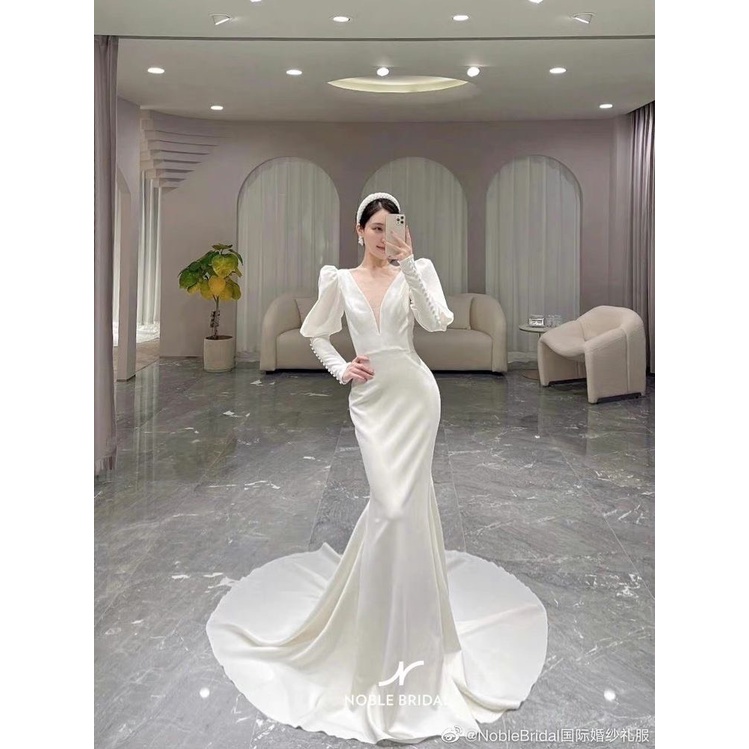 Đầm đuôi cá dự tiệc tay dài cổ xẻ thời trang quyến rũ dành cho nữ