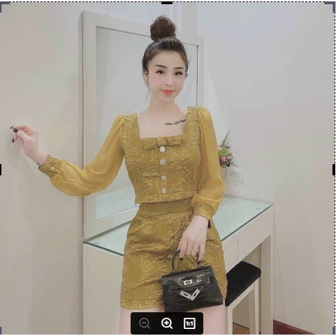 Sét rời gấm tappa thiết kế áo sơ mi croptop tay dài bo bồng phối short đùi chuẩn xinh, trẻ trung H.T (Hàng cao cấp)