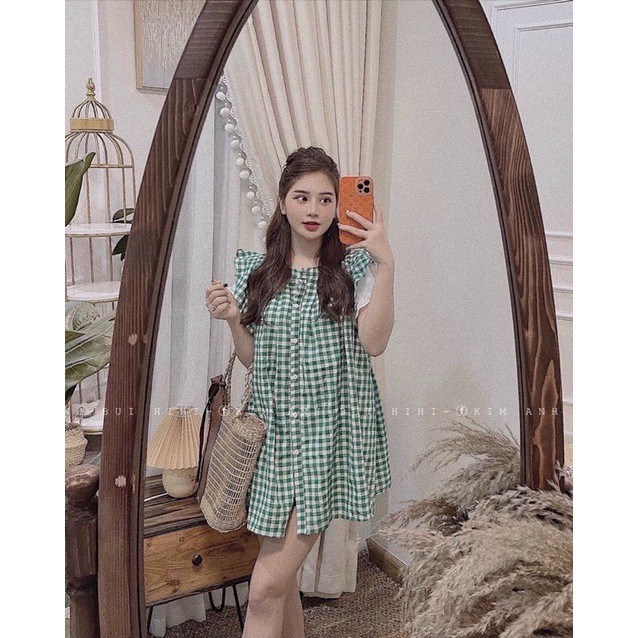 Đầm suông babydoll sọc caro phối ren cổ trụ siêu xinh
