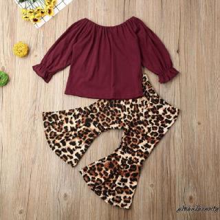 ☛✈ღ2PCS Toddler Kids Baby Girl Clothes Solid Tops T-shirt + Leopard Flared Pants Outfits Set