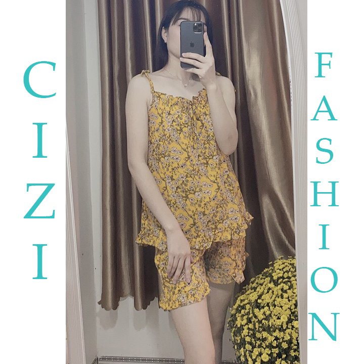 Bộ mặc nhà 2 dây xếp ly ngực hoa nhí lanh lụa CiZishop