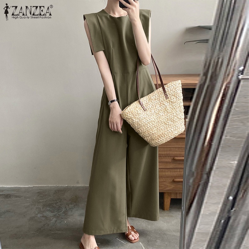 ZANZEA Áo liền quần Ống Rộng Không Tay Màu Trơn Thời Trang Cho Nữ