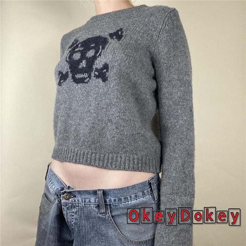 Áo Croptop Tay Dài Màu Xám In Hình Đầu Lâu y2k Thời Trang Cho Nữ