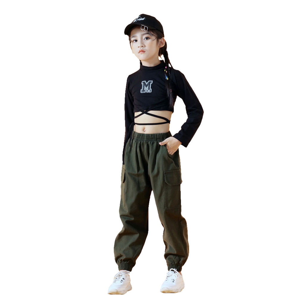 Bộ Áo Croptop Màu Đen + Quần Dài Phong Cách Jazz Hip Hop Thời Trang Biểu Diễn Cho Bé Gái