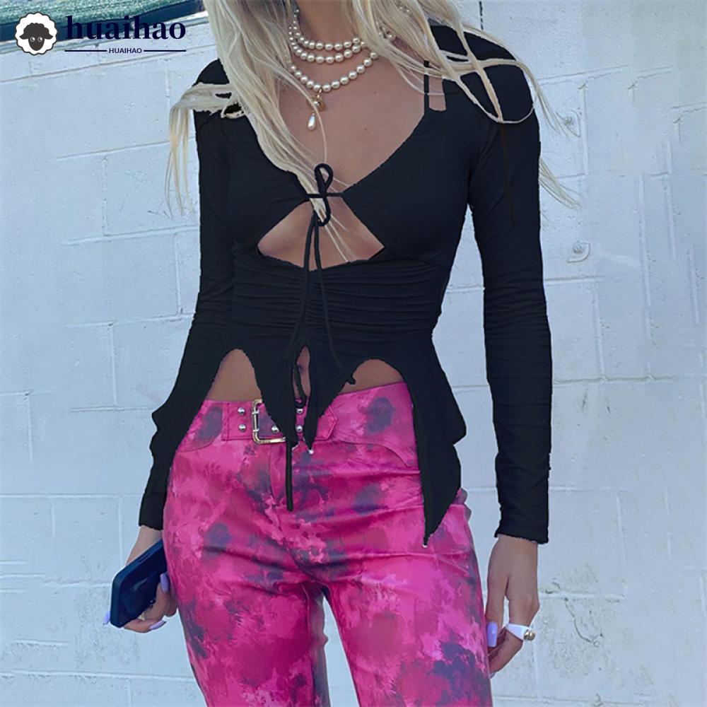 Áo Thun Crop Top Tay Dài Màu Trơn Dáng Ôm Cổ Yếm Cột Dây Thời Trang Đường Phố Gợi Cảm Cho Bạn Gái H9O7