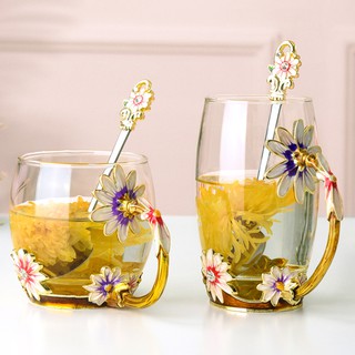 Ly Thủy Tinh Uống Nước Chịu Nhiệt Cao Họa Tiết Hoa Cúc Xinh Xắn