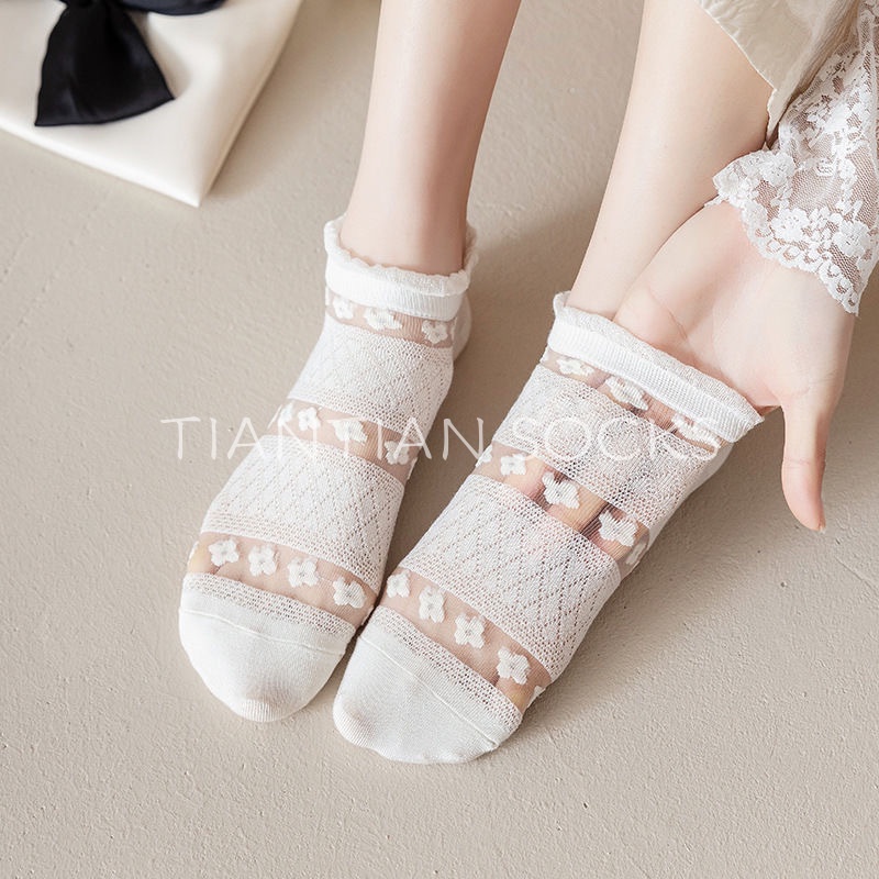 TIAN TIAN T180 Vớ Cổ Thuyền Bằng Lụa Xuyên Thấu Mỏng Màu Trắng Phối Ren Đính Nơ Dễ Thương Phong Cách Nhật Bản Thời Trang Mùa Hè Cho Nữ