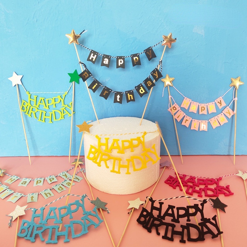 Cờ Treo Trang Trí Bánh Kem Chữ Happy Birthday Màu Vàng Kim Lấp Lánh