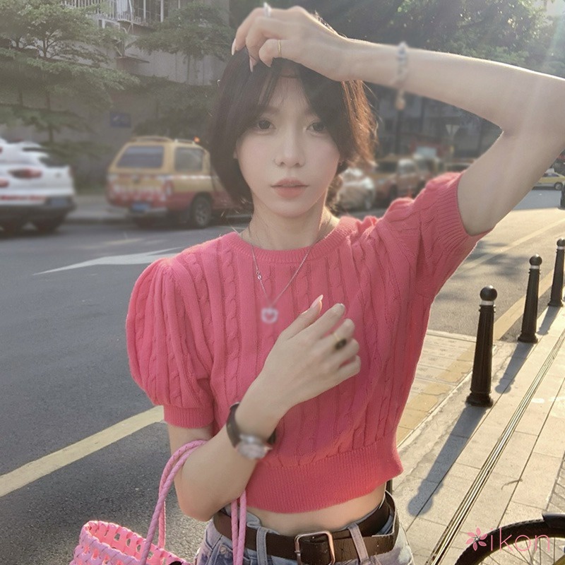 Áo Croptop Dệt Kim Tay Ngắn Cổ Tròn Màu Sắc Thanh Lịch