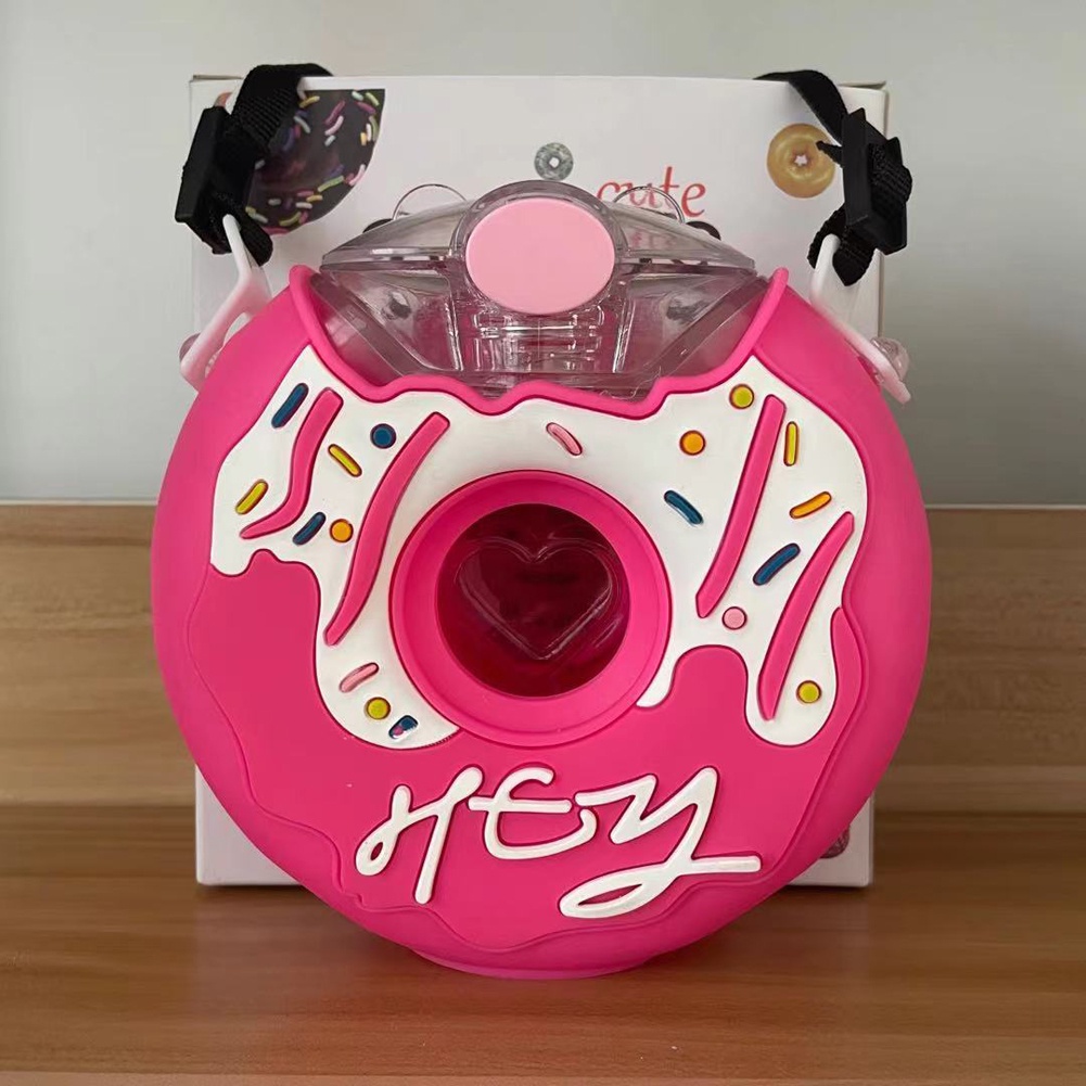 Bình nước silicon hình bánh donut hoạt hình có ống hút và dây đeo cho bé